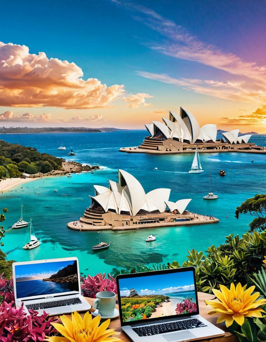 A vibrant Australian landscape featuring iconic elements like the Sydney Opera House and the Great Barrier Reef, with a whimsical and colorful blog interface overlay showcasing engaging blog tips. Include illustrations of diverse bloggers interacting with each other, laptop devices, and creative brainstorming sessions in a sunny, cheerful atmosphere. The scene should evoke a sense of adventure and creativity in the blogging world. super-realistic. vibrant colors. bright blue sky.