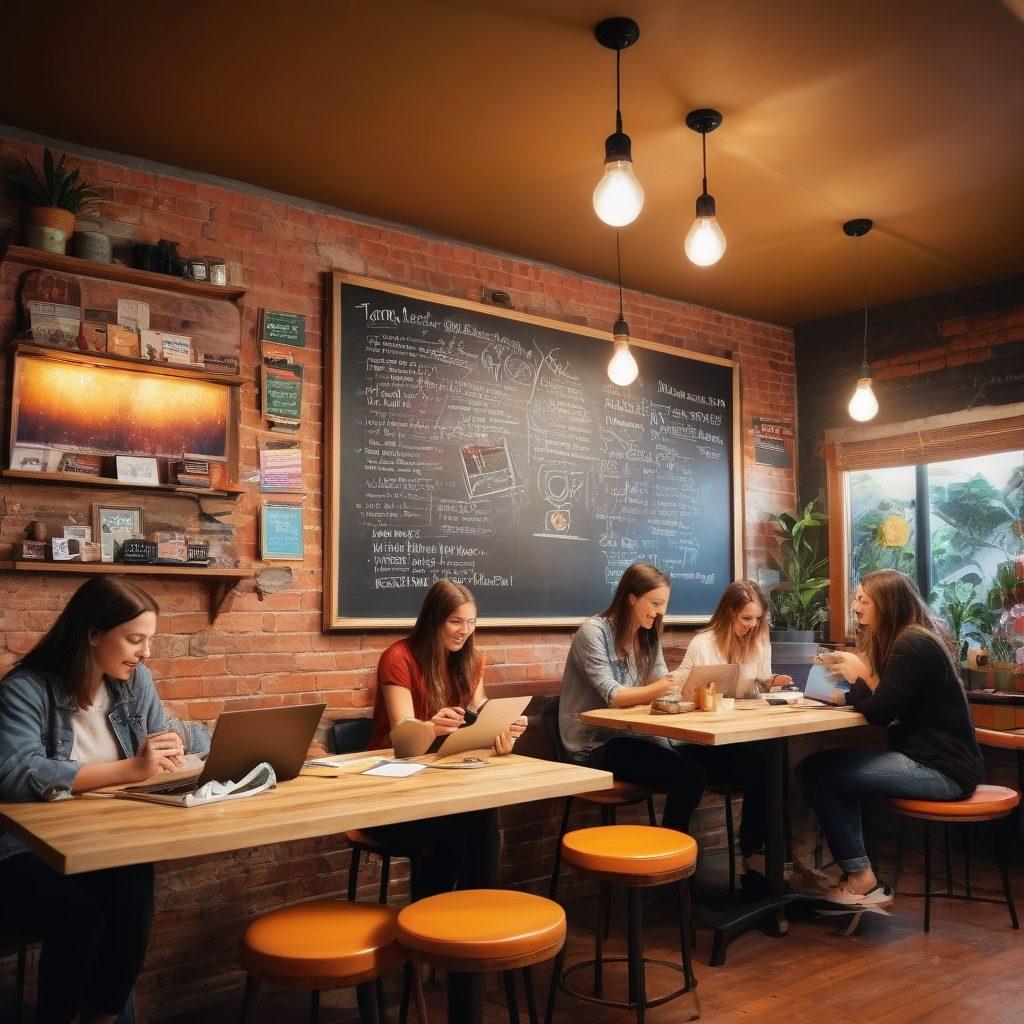 A dynamic scene featuring a diverse group of Australian bloggers passionately sharing their stories in a vibrant café setting. Elements like a large chalkboard with motivational quotes, laptops with colorful stickers, and iconic Australian landmarks subtly incorporated in the background. Include symbols of creativity like paintbrushes and cameras. Illuminate the scene with warm, inviting lighting to evoke a sense of community. vibrant colors. super-realistic.